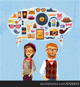 Hipster fashion concept with girl man and speech bubble with trendy icons vector illustration