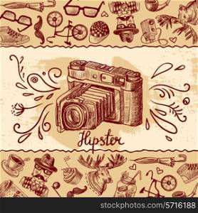 Hipster fashion sketch background with vintage photo camera vector illustration