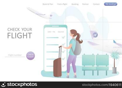 Hipster female with backpack and suitcase,big smartphone with online check-in on screen,airport interior with furniture and girl traveller character,travel landing page template,vector illustration