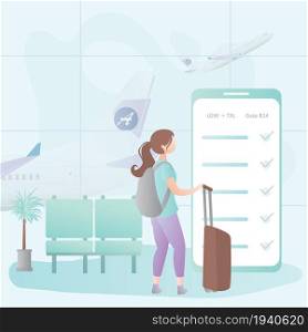 Hipster female with backpack and suitcase,big smartphone with online check-in on screen,airport interior with furniture and girl traveller character,travel background concept, vector illustration