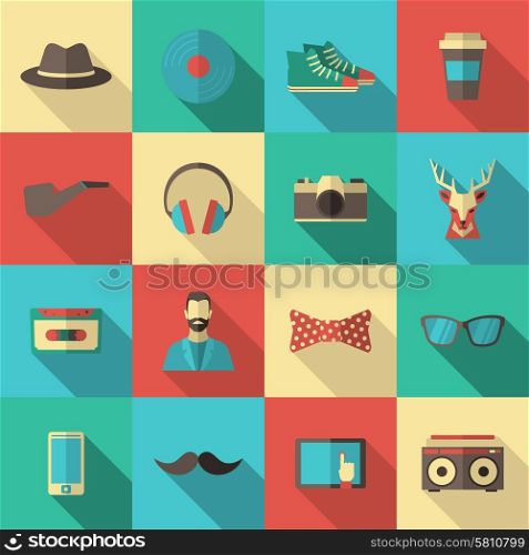 Hipster flat long shadow icon set with cassette bow tie and glasses isolated vector illustration. Hipster Flat Icon Set