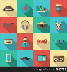 Hipster flat long shadow icon set with cassette bow tie and glasses isolated vector illustration. Hipster Flat Icon Set