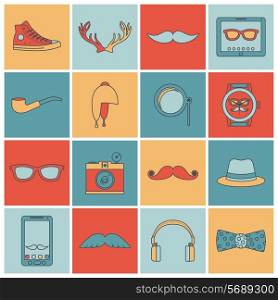 Hipster geek urban fashion elements and accessories flat line icons set isolated vector illustration