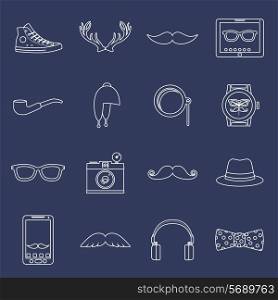 Hipster geek urban fashion elements and accessories outline icons set with glasses hat gumshoes isolated vector illustration