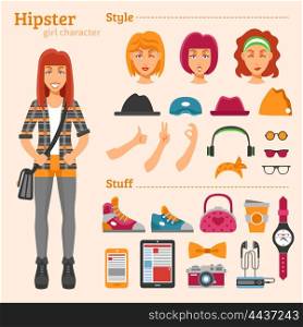 Hipster Girl Character Decorative Icons Set . Hipster girl character decorative icons set with expressions hairstyles gestures and colorful stylish stuff isolated vector illustration