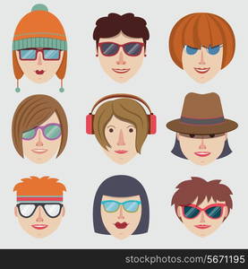 Hipster girl character faces decorative icons set isolated vector illustration