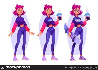 Hipster girl stand character with coffee and skate cartoon vector set. Full view smi≤young woman withπnk hairsty≤and teena≥outfit with glasses standing in different pose isolated illustration.. Hipster girl stand character with coffee and skate