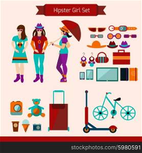 Hipster girl style set with trendy fashion accessories isolated vector illustration. Hipster Girl Set