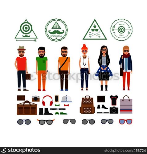 Hipster girls and boys cartoon icons with accessories. Vector illustration. Hipster girls and boys with accessories