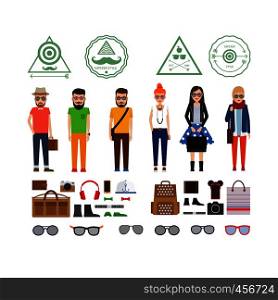 Hipster girls and boys cartoon icons with accessories. Vector illustration. Hipster girls and boys with accessories