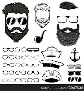 Hipster hair and beards, fashion vector illustration set. Sunglasses, smoking pipe, anchor, nautical cap, sailor hat. Design templates and elements.