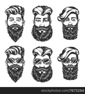 Hipster hairstyle and beard style vector sketches of men faces with fashion haircuts, beards, mustaches and glasses, isolated hand drawn heads with undercut, angular fringe and pompadour hairstyles. Hipster hairstyle and beard style vector sketches