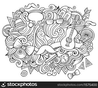 Hipster hand drawn cartoon doodles illustration. Funny people design. Creative art vector background. Hippie symbols, elements and objects. Sketchy composition. Hipster hand drawn cartoon doodles illustration. Funny people design