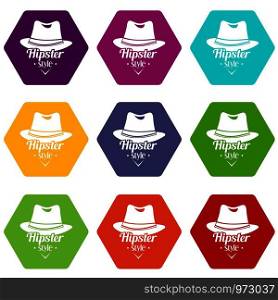 Hipster hat icons 9 set coloful isolated on white for web. Hipster hat icons set 9 vector