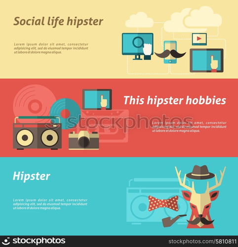 Hipster horizontal banner set with social life and hobbies elements isolated vector illustration. Hipster Banner Set