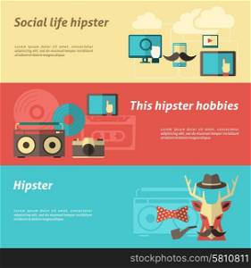 Hipster horizontal banner set with social life and hobbies elements isolated vector illustration. Hipster Banner Set