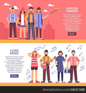 Hipster Horizontal Banners. Hipster horizontal banners with group of young people with guitar radio cassette player headphones flat vector illustration