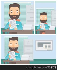 Hipster human resources manager reading application portfolios in the office. Concept of recruitment of staff, job interview. Vector flat design illustration. Square, horizontal, vertical layouts.. HR manager checking files vector illustration.