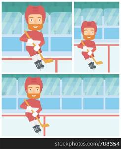Hipster ice hockey player with the beard skating on ice rink. Ice hockey player with a stick. Sportsman playing ice hockey. Vector flat design illustration. Square, horizontal, vertical layouts.. Ice hockey player with stick vector illustration.