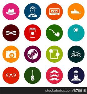 Hipster icons many colors set isolated on white for digital marketing. Hipster icons many colors set