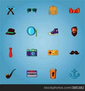 Hipster icons set. Cartoon illustration of 16 hipster vector icons for web. Hipster icons set, cartoon style