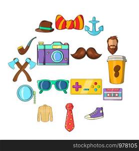 Hipster icons set in cartoon style isolated on white background. Hipster icons set, cartoon style