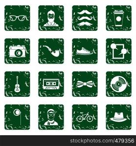 Hipster icons set in grunge style green isolated vector illustration. Hipster icons set grunge