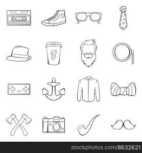Hipster icons set in outline style isolated on white background. Hipster icons set vector outline