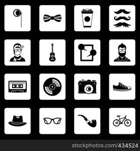Hipster icons set in white squares on black background simple style vector illustration. Hipster icons set squares vector
