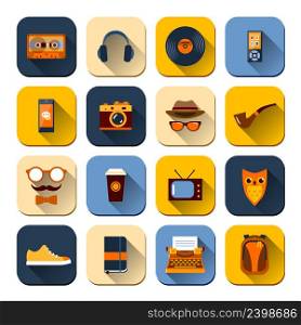 Hipster icons set with mustaches glasses mp3 player isolated vector illustration