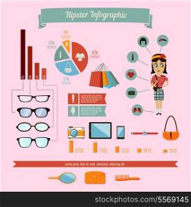 Hipster infographics elements set with geek girl charts and graphs vector illustration