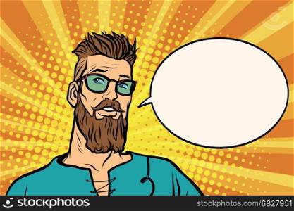 Hipster is thinking about something, a comic book bubble. Pop art retro vector illustration. Hipster is thinking about something, a comic book bubble