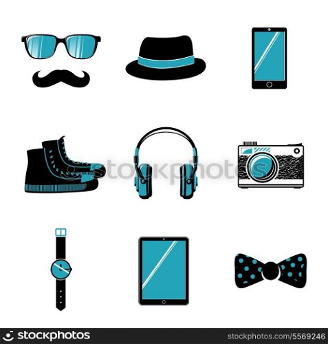 Hipster items collection of glasses bow mustache shoes and hat vector illustration