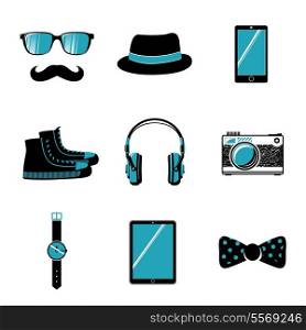 Hipster items collection of glasses bow mustache shoes and hat vector illustration