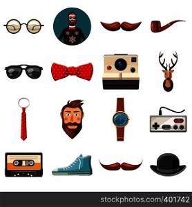 Hipster items icons set. Cartoon illustration of 16 hipster items vector icons for web. Hipster items icons set, cartoon style