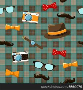 Hipster items of vintage mustache hat bow and glasses on seamless tablecloth vector illustration
