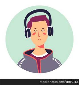 Hipster male character listening to music using headphones, isolated portrait of teenager. Teen boy with closed eyes enjoying songs, fashionable guy. Student or pupil of school, vector in flat. Portrait of teenager listening to music via headphones