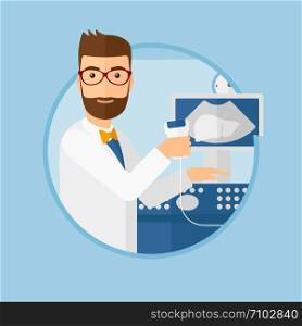 Hipster male doctor with ultrasound scanner in the hands. Male doctor working on modern ultrasound equipment at medical office. Vector flat design illustration in the circle isolated on background.. Male ultrasound doctor.