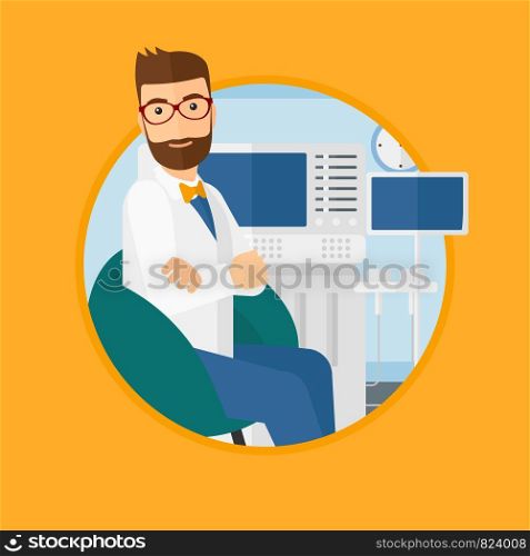 Hipster male ultrasound doctor sitting with arms crossed. Male doctor sitting near modern ultrasound equipment at medical office. Vector flat design illustration in the circle isolated on background.. Male ultrasound doctor.