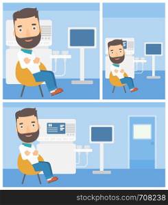 Hipster male ultrasound doctor sitting with arms crossed near modern ultrasound equipment at medical office. Vector flat design Illustration. Square, horizontal, vertical layouts.. Male ultrasound doctor.