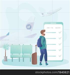 Hipster male with backpack and suitcase,big smartphone with online check-in on screen,airport interior with furniture and man traveller character,travel background concept,trendy vector illustration