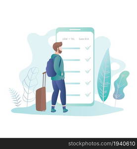 Hipster male with backpack and suitcase,big smartphone with online check-in on screen,traveller character,travel background concept,trendy style vector illustration