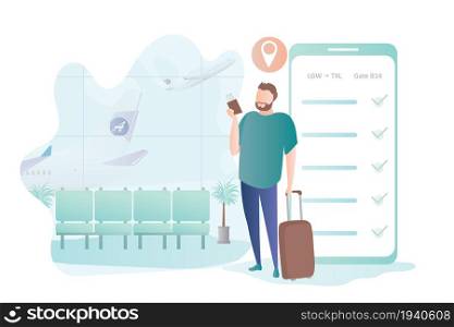 Hipster male with suitcase and tickets,big smartphone with online check-in on screen,airport interior with furniture,traveller character,travel background,trendy style vector illustration