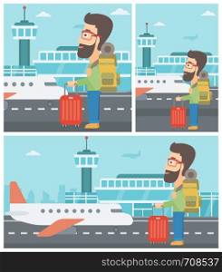 Hipster man at the airport with backpack and a suitcase. Young man standing at the airport and looking at the flying airplane. Vector flat design illustration. Square, horizontal, vertical layouts.. Man at the airport with suitcase.