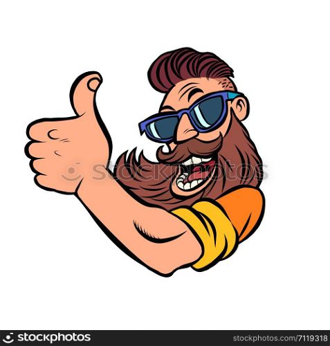 Hipster man bearded thumb up. Comic cartoon pop art retro vector illustration drawing. Hipster man bearded thumb up