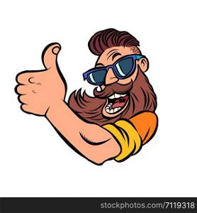 Hipster man bearded thumb up. Comic cartoon pop art retro vector illustration drawing. Hipster man bearded thumb up