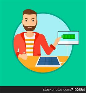 Hipster man charging tablet computer with solar panel. Charging tablet from portable solar panel. Tablet with a battery charging. Vector flat design illustration in the circle isolated on background.. Solar panel charging tablet computer.