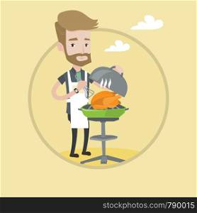 Hipster man cooking chicken on barbecue grill outdoors. Young man having a barbecue party. Man preparing chicken on barbecue grill. Vector flat design illustration in the circle isolated on background. Man cooking chicken on barbecue grill.