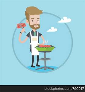 Hipster man cooking meat on the barbecue grill. Young man preparing steak on the barbecue grill. Man having outdoor barbecue. Vector flat design illustration in the circle isolated on background.. Man cooking steak on barbecue grill.