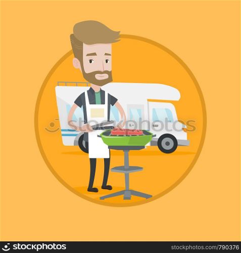 Hipster man cooking steak on barbecue on the background of camper van. Man travelling by camper van and having barbecue party. Vector flat design illustration in the circle isolated on background.. Man having barbecue in front of camper van.